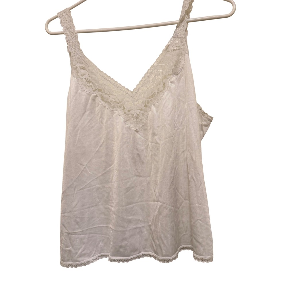 Vanity Fair Camisole Top Womens White Lace Trim Silky V-Neck Vintage Style
